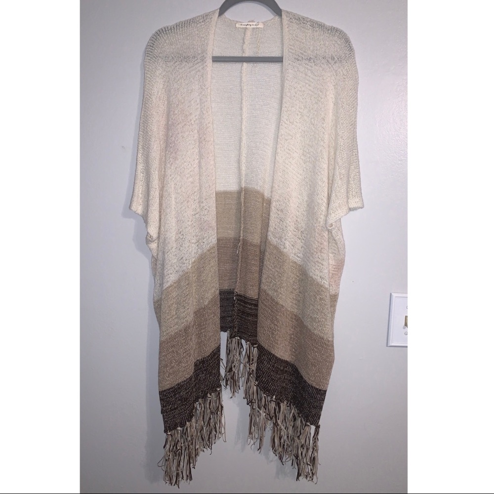 Do Everything in Love Open Front Shawl in Cream and Brown Ombré - One Size